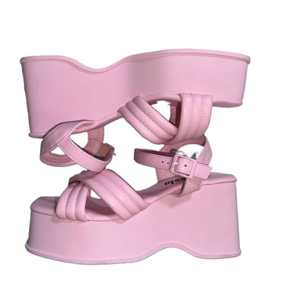 NEW 7 Pink‎ Strappy Ankle Strap Platform Wedge Sandals Open Toe Square Vegan - Picture 2 of 6
